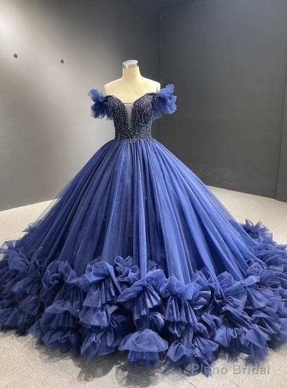 Navy Blue Tulle Ball Gown Beading Prom Dress Main image