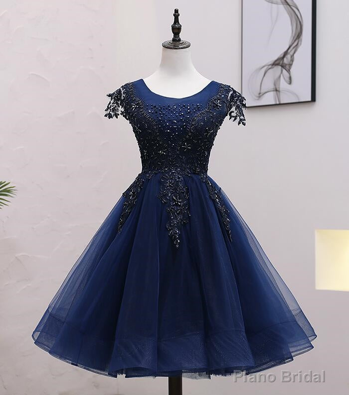 Navy Blue Tulle Beaded Knee Length Cap Sleeves Prom Dress, Blue Homecoming Dress Main image