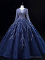 Navy Blue Tulle Beading Long Sleeve Quinceanera Dress