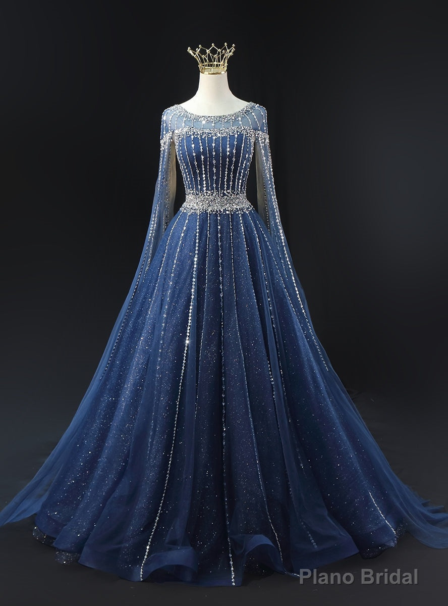 Navy Blue Tulle Beading Sequins Prom Dress Main image