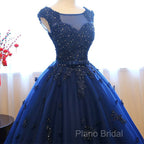 Navy Blue Tulle Cap Sleeves Quinceanera Dresses, Blue Beaded Ball Gown Party Dresses