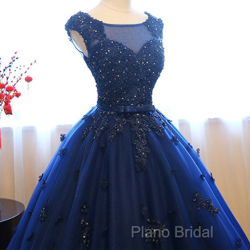 Navy Blue Tulle Cap Sleeves Quinceanera Dresses, Blue Beaded Ball Gown Party Dresses