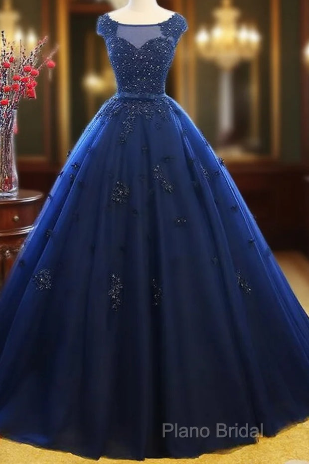 Navy Blue Tulle Cap Sleeves Quinceanera Dresses, Blue Beaded Ball Gown Party Dresses Main image