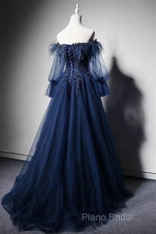 Navy Blue Tulle Lace Beading Off-Shoulder Formal Dresses Formal Prom Dresses