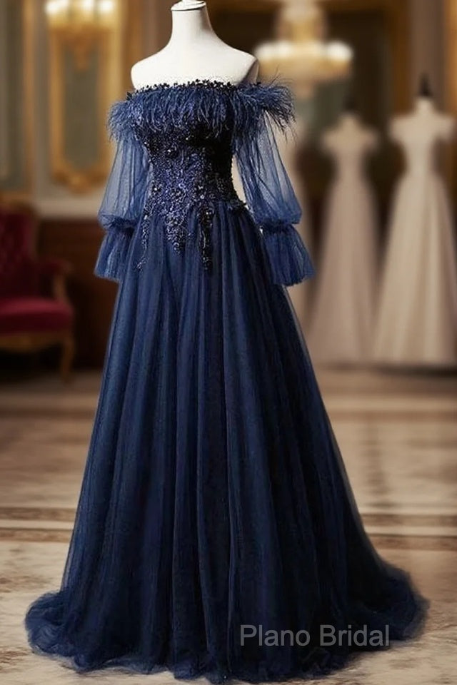 Navy Blue Tulle Lace Beading Off-Shoulder Formal Dresses Formal Prom Dresses Main image
