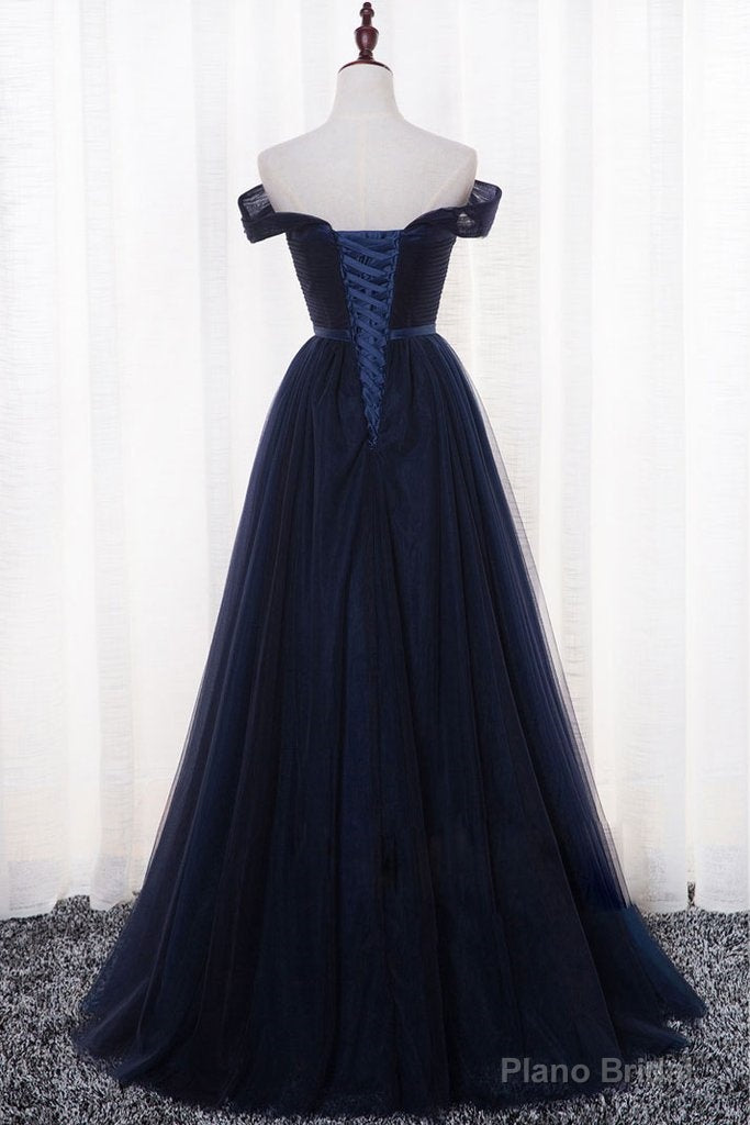 Navy Blue Tulle Long Party Dress, Simple Off Shoulder Blue Bridesmaid Dress