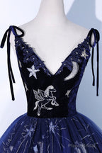 Navy Blue Tulle Long Prom Dress, Spaghetti Straps Lace Flower Backless Formal Dress