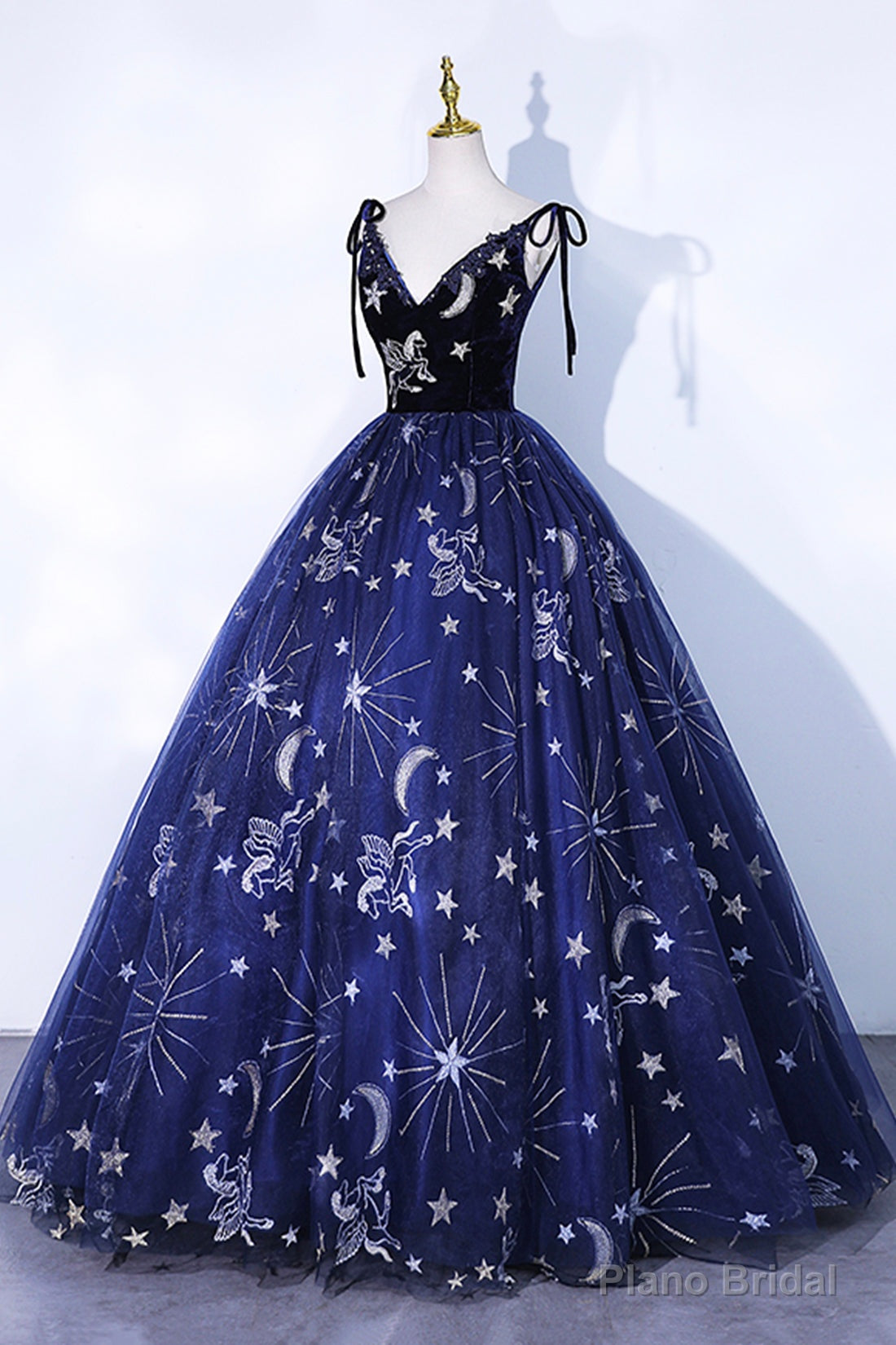 Navy Blue Tulle Long Prom Dress, Spaghetti Straps Lace Flower Backless Formal Dress Main image