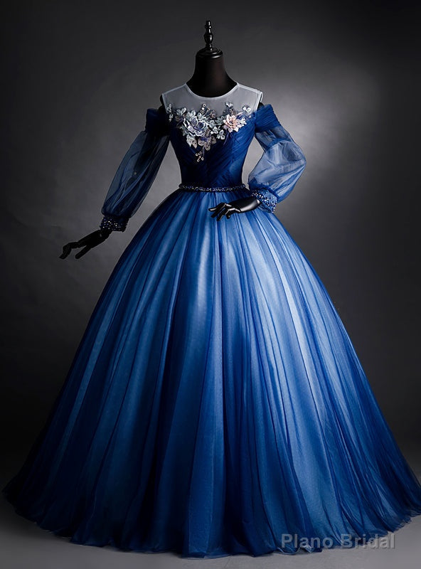 Navy Blue Tulle Long Sleeve Backless Quinceanera Dress Main image