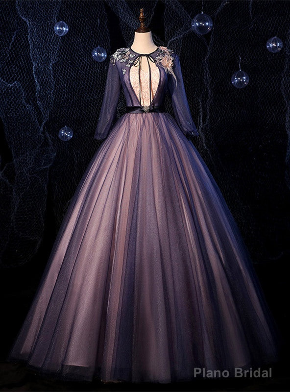 Navy Blue Tulle Long Sleeve Beading Backless Quinceanera Dress Main image