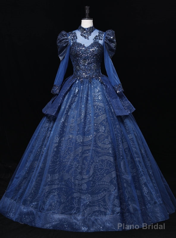 Navy Blue Tulle Long Sleeve Sequins Beading Quinceanera Dress Main image