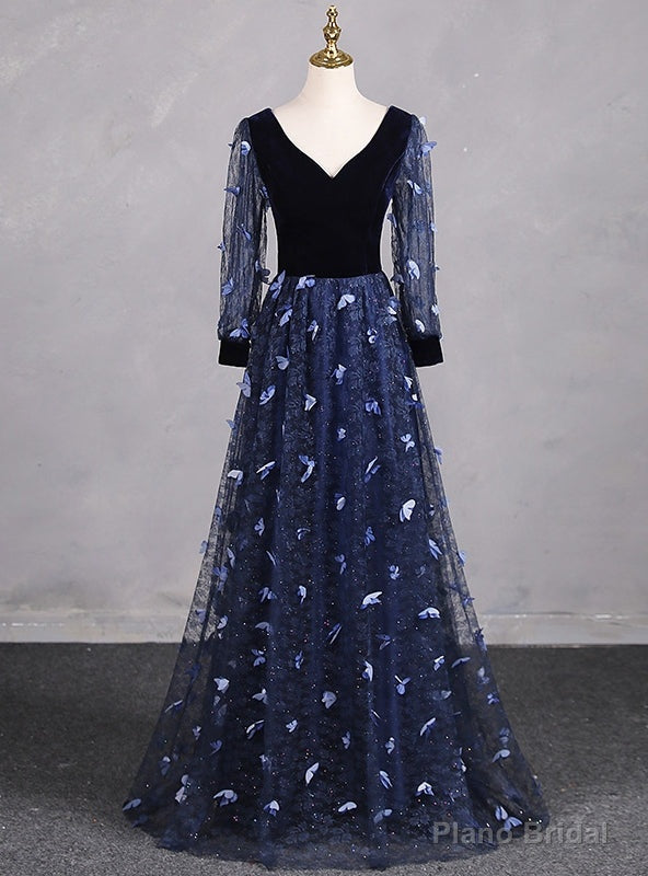 Navy Blue Tulle Long Sleeve V-neck Butterfly Prom Dress Main image