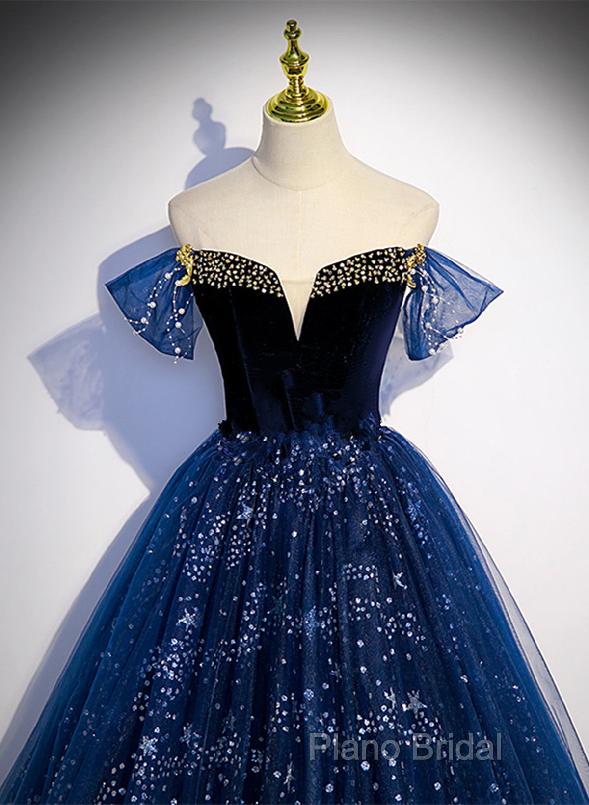 Navy Blue Tulle Off Shoulder Beaded Long Party Dresses, Navy Blue Tulle Formal Prom Dresses Secondary image