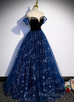 Navy Blue Tulle Off Shoulder Beaded Long Party Dresses, Navy Blue Tulle Formal Prom Dresses
