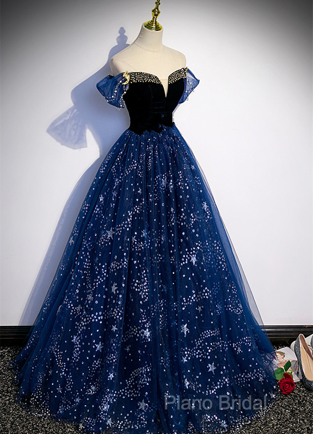 Navy Blue Tulle Off Shoulder Beaded Long Party Dresses, Navy Blue Tulle Formal Prom Dresses