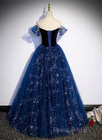 Navy Blue Tulle Off Shoulder Beaded Long Party Dresses, Navy Blue Tulle Formal Prom Dresses