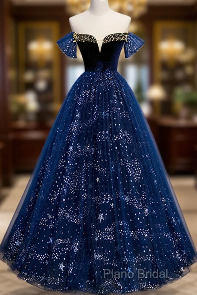 Navy Blue Tulle Off Shoulder Beaded Long Party Dresses, Navy Blue Tulle Formal Prom Dresses