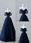 Navy Blue Tulle Off Shoulder Sweetheart Party Dresses, Navy Blue Long Formal Prom Dresses