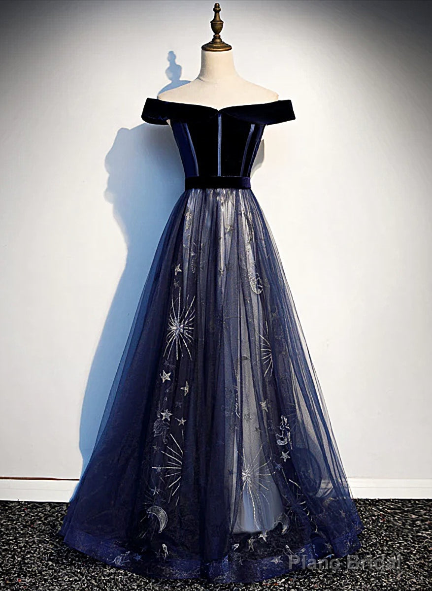 Navy Blue Tulle Off Shoulder Velvet Top Long Party Dress, Blue Evening Dress Prom Dress Secondary image