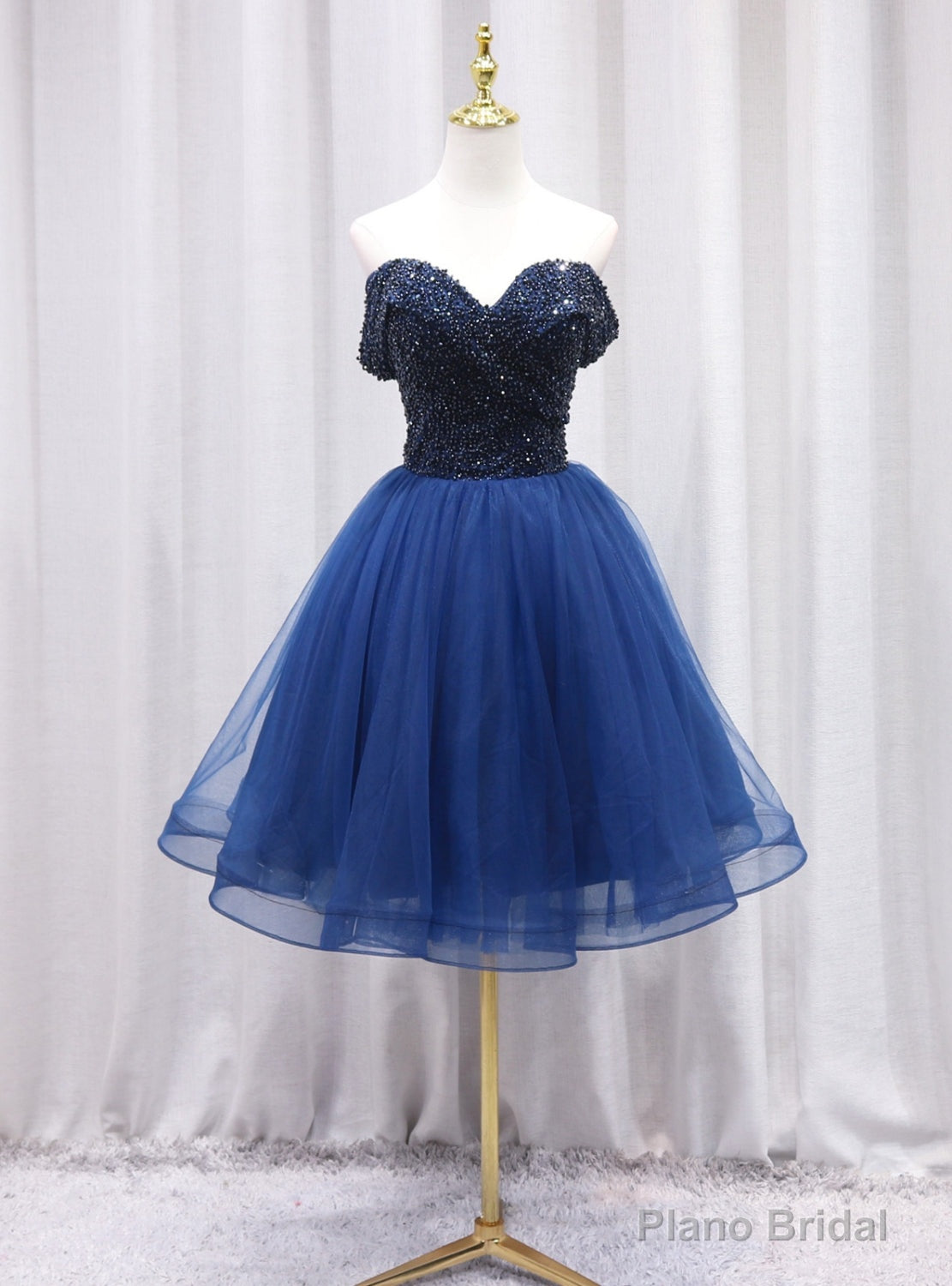 Navy Blue Tulle Off the Shoulder Beading Homecoming Dress Main image