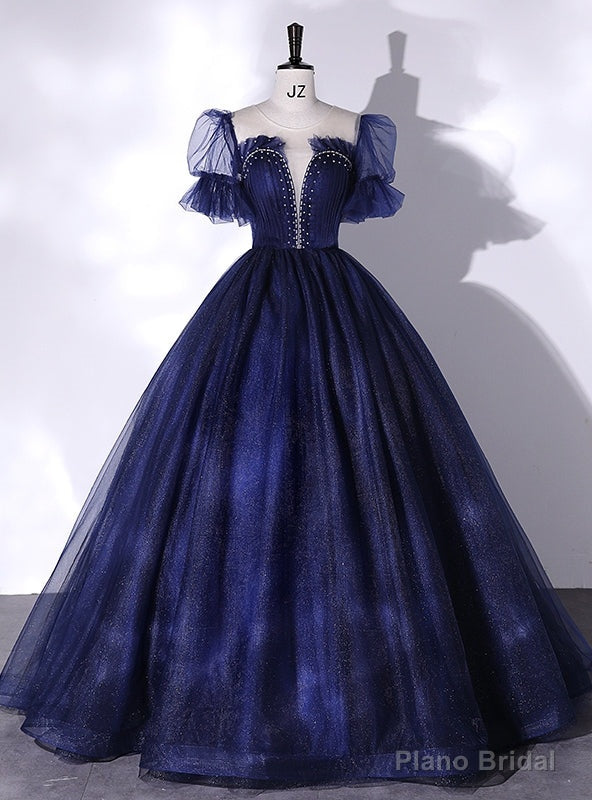 Navy Blue Tulle Puff Sleeve Pleats Beading Quinceanera Dress Main image