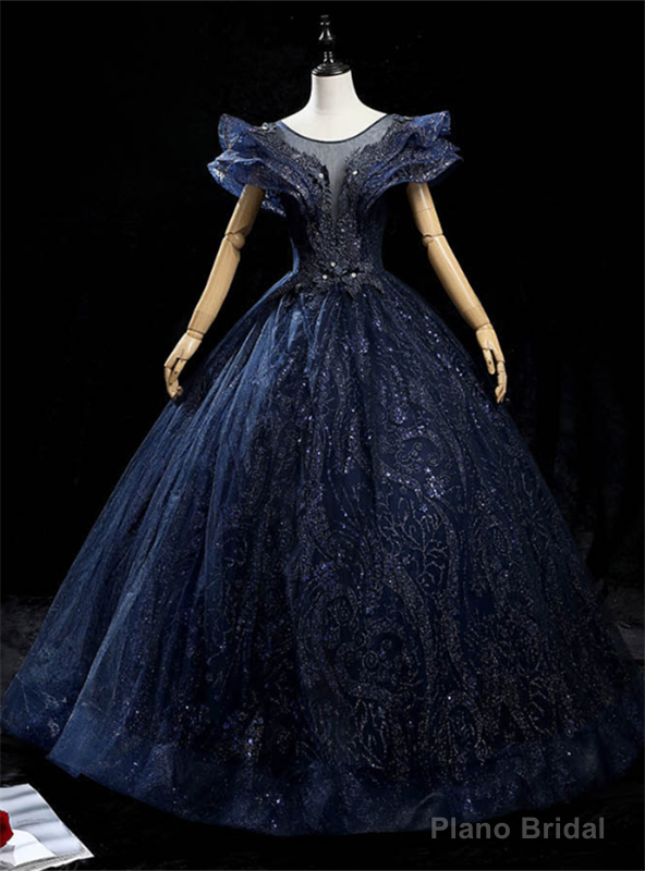 Navy Blue Tulle Sequins Appliques Quinceanera Dress Main image