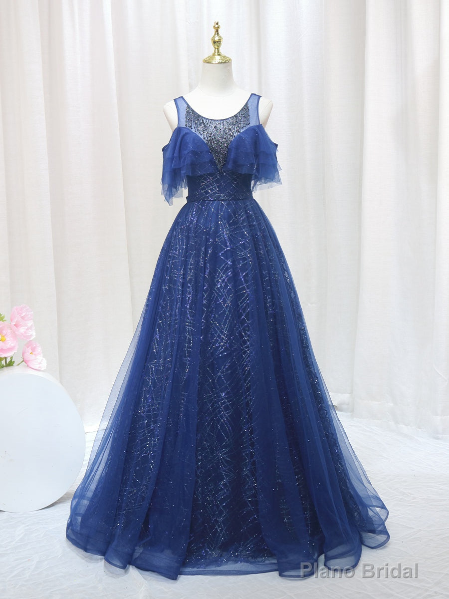 Navy Blue Tulle Sequins Beading Sleveless Prom Dress Main image