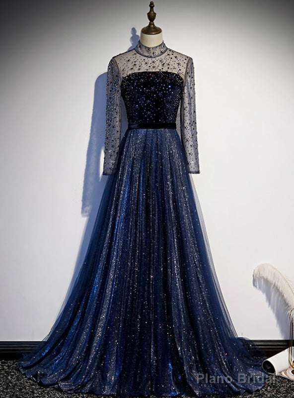Navy Blue Tulle Sequins High Neck Long SLeeve Beading Prom Dress Main image