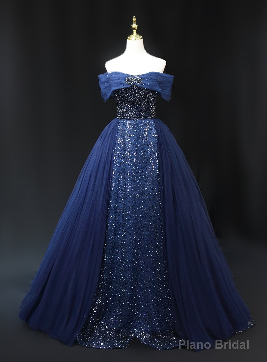 Navy Blue Tulle Sequins Off the Shoulder Beading Prom Dress Main image
