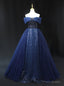 Navy Blue Tulle Sequins Off the Shoulder Beading Prom Dress