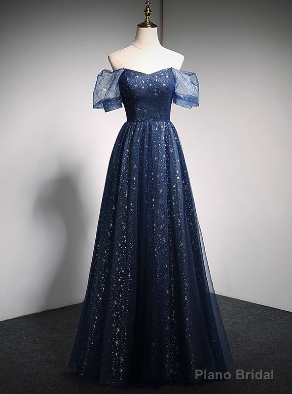 Navy Blue Tulle Sequins Off the Shoulder Puff Sleeve Prom Dress Main image