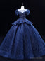 Navy Blue Tulle Sequins Puff Sleeve Appliques Quinceanera Dress