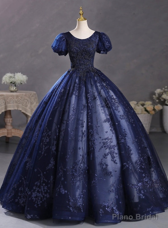 Navy Blue Tulle Sequins Puff Sleeve Beading Quinceanera Dress Main image