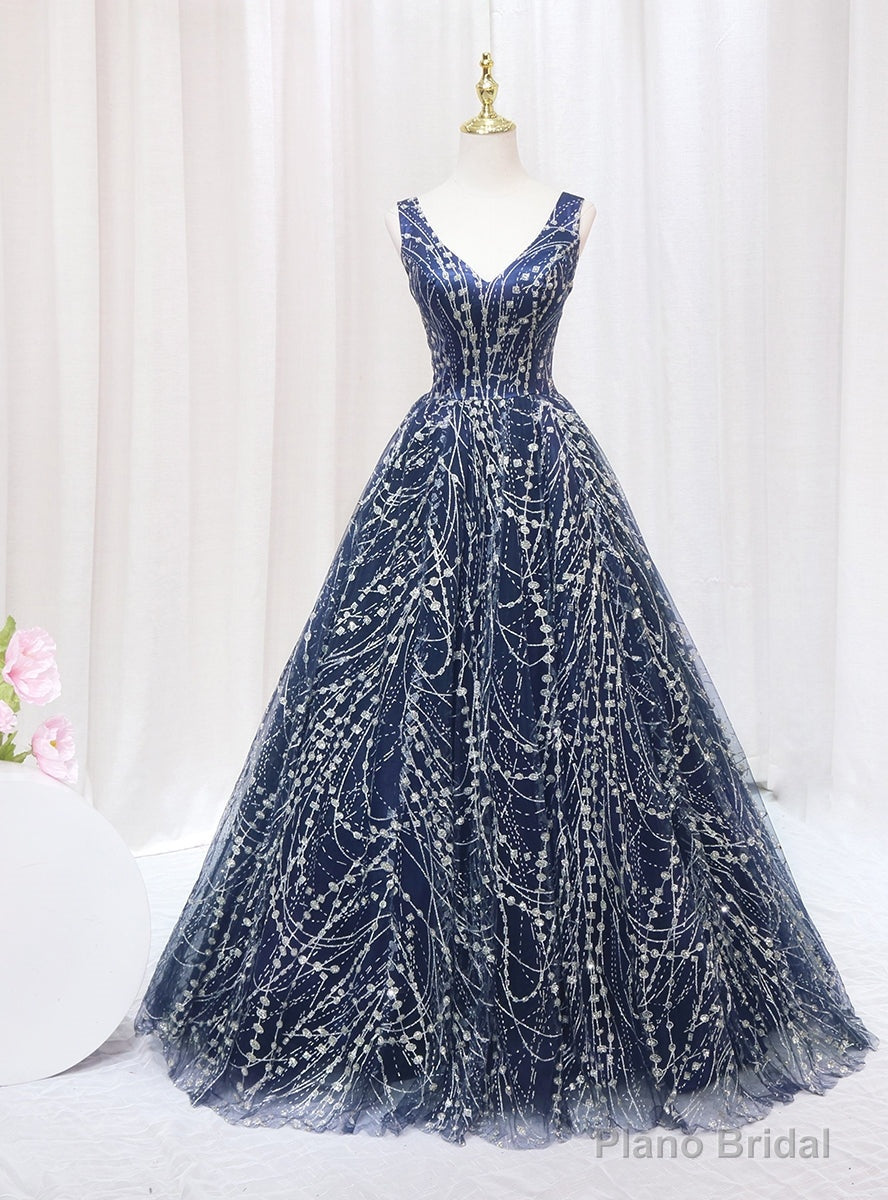 Navy Blue Tulle Sequins V-neck Prom Dress Main image