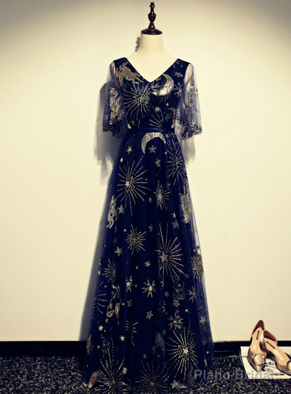 Navy Blue Tulle Sequins V-neck Short Sleeve Prom Dress Main image