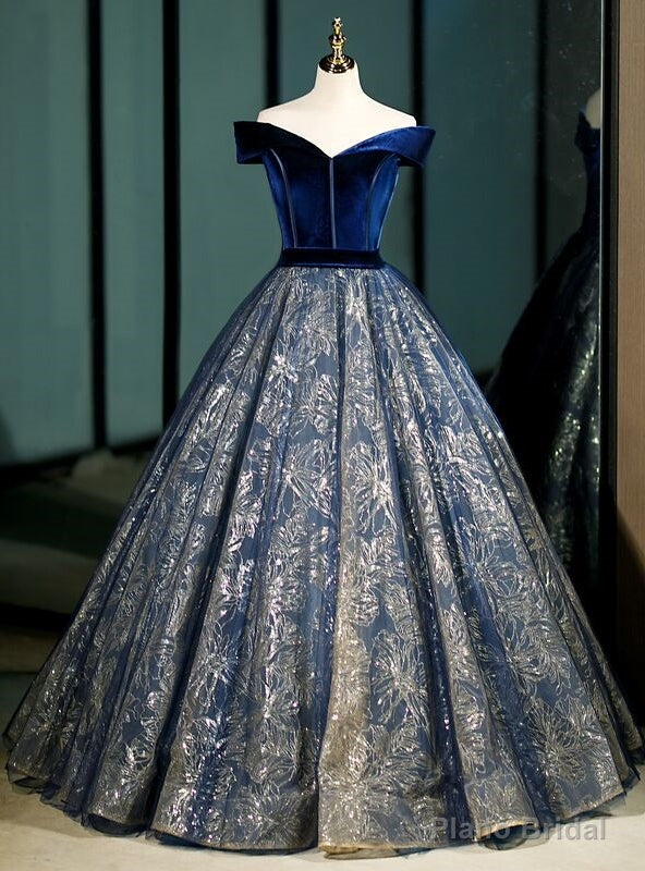 Navy Blue Tulle Sequins Velvet Off the Shoulder Quinceanera Dress Main image