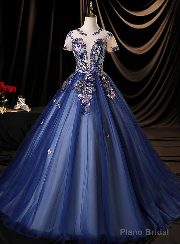 Navy Blue Tulle Short Sleeve Backless Quinceanera Dress Main image