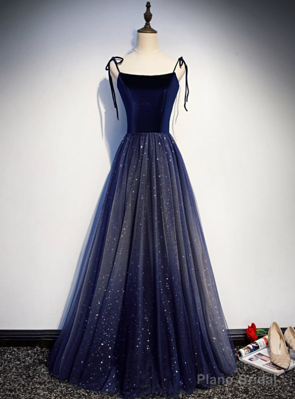 Navy Blue Tulle Spaghetti Straps Sequins Prom Dress Main image