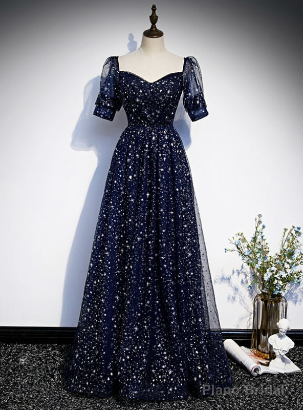 Navy Blue Tulle Square Short Sleeve Prom Dress Main image
