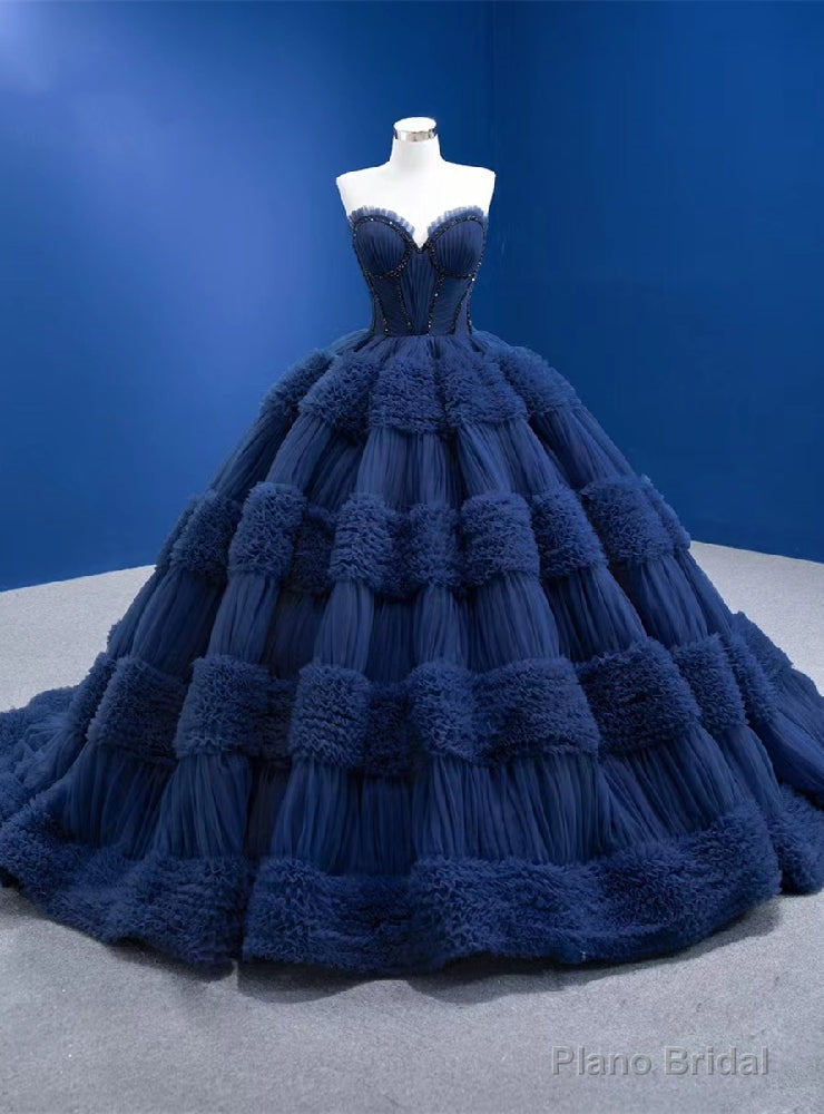 Navy Blue Tulle Sweetheart Pleats Beading Prom Dress Main image