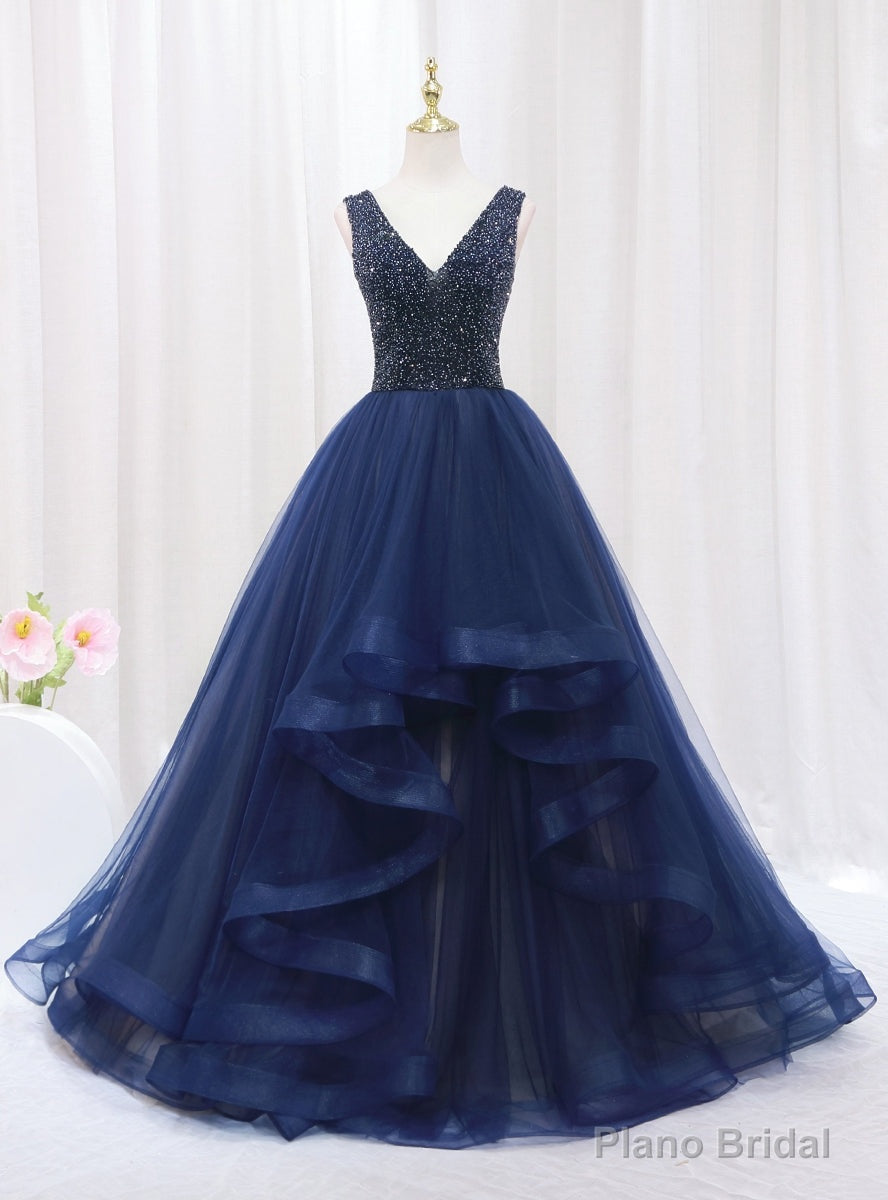 Navy Blue Tulle V-neck Beading Prom Dresses Main image
