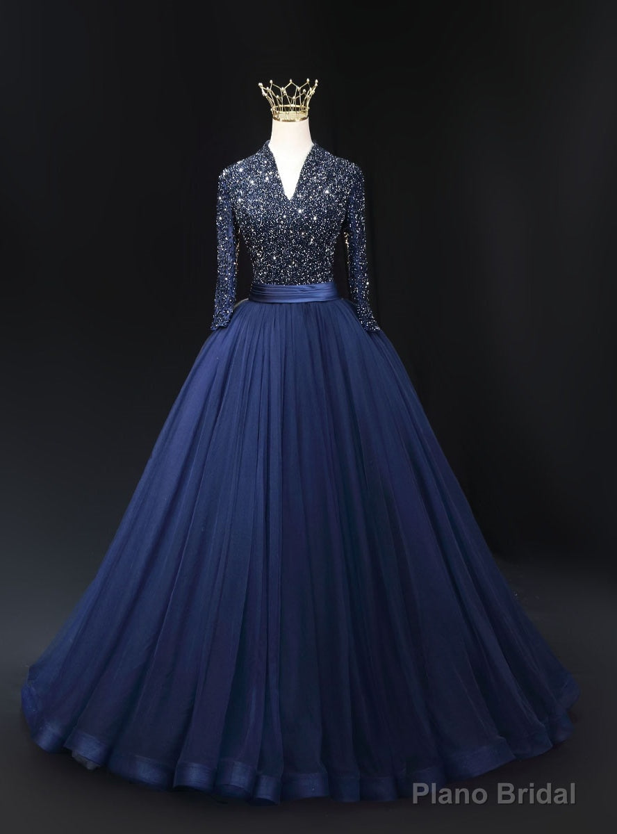 Navy Blue Tulle V-neck Long Sleeve Beading Prom Dress Main image