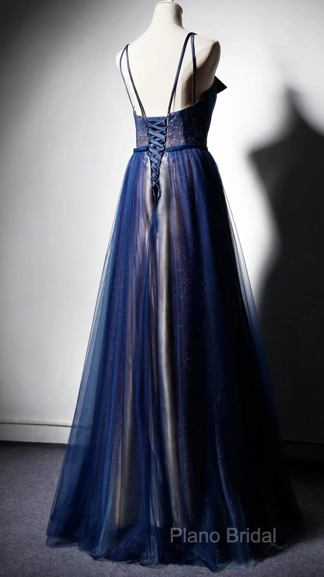 Navy Blue Tulle V Neck Long Women Formal Prom Dresses, Lace Up Formal Dresses Secondary image