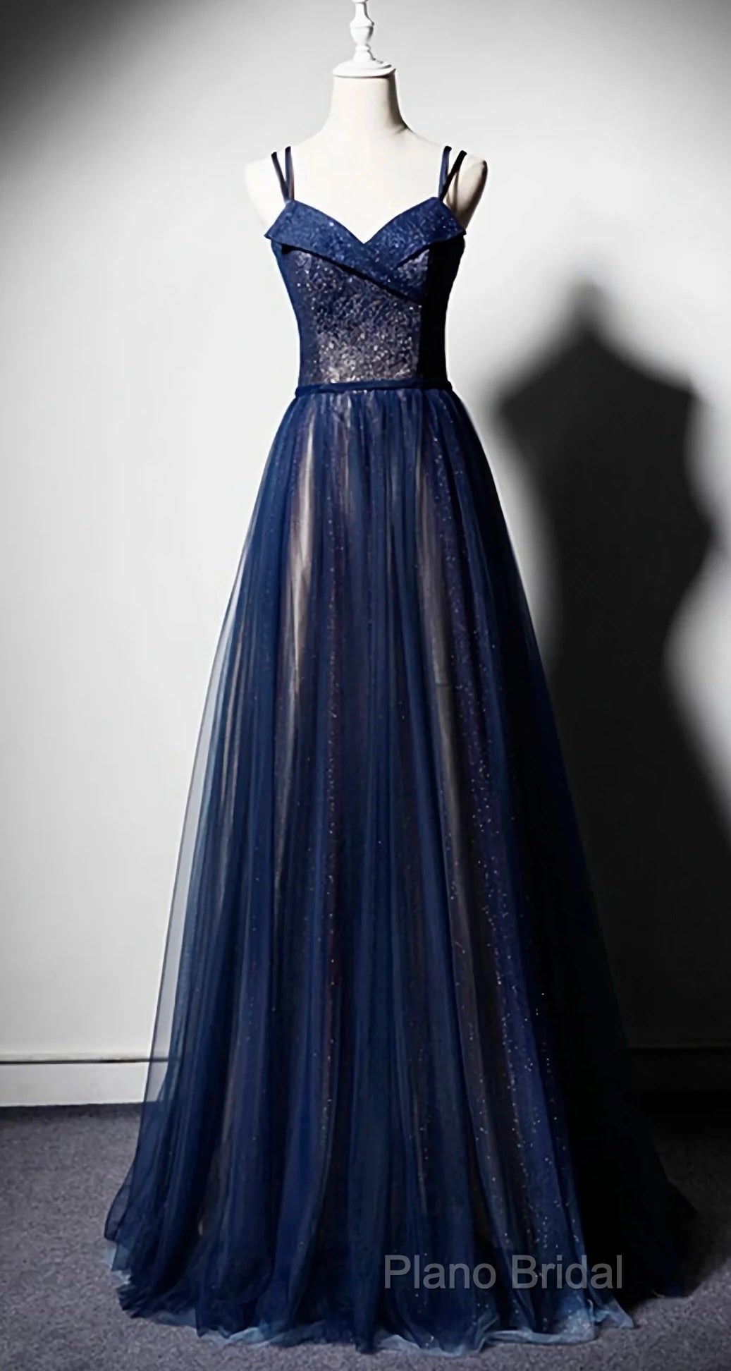 Navy Blue Tulle V Neck Long Women Formal Prom Dresses, Lace Up Formal Dresses