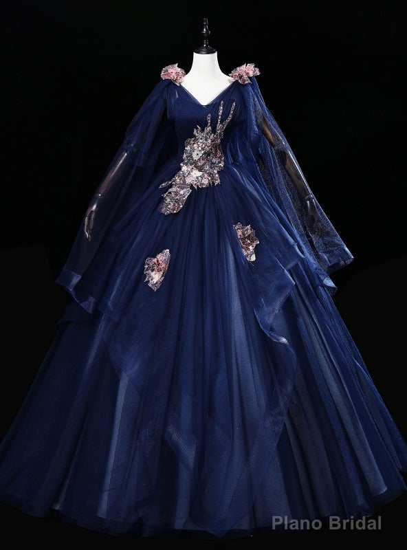 Navy Blue Tulle V-neck Sequins Embroidery Quinceanera Dress Main image