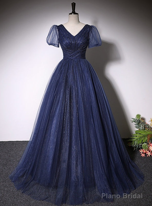 Navy Blue Tulle V-neck Short Sleeve Prom Dress Main image