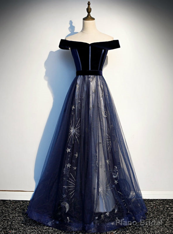 Navy Blue Tulle Velvet Off the Shoulder Prom Dress Main image