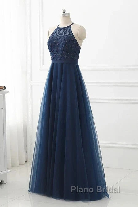 Navy Blue Tulle With Lace Applique Long Party Dresses Formal Prom Dresses Sleeveless Elegant