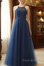 Navy Blue Tulle With Lace Applique Long Party Dresses Formal Prom Dresses Sleeveless Elegant