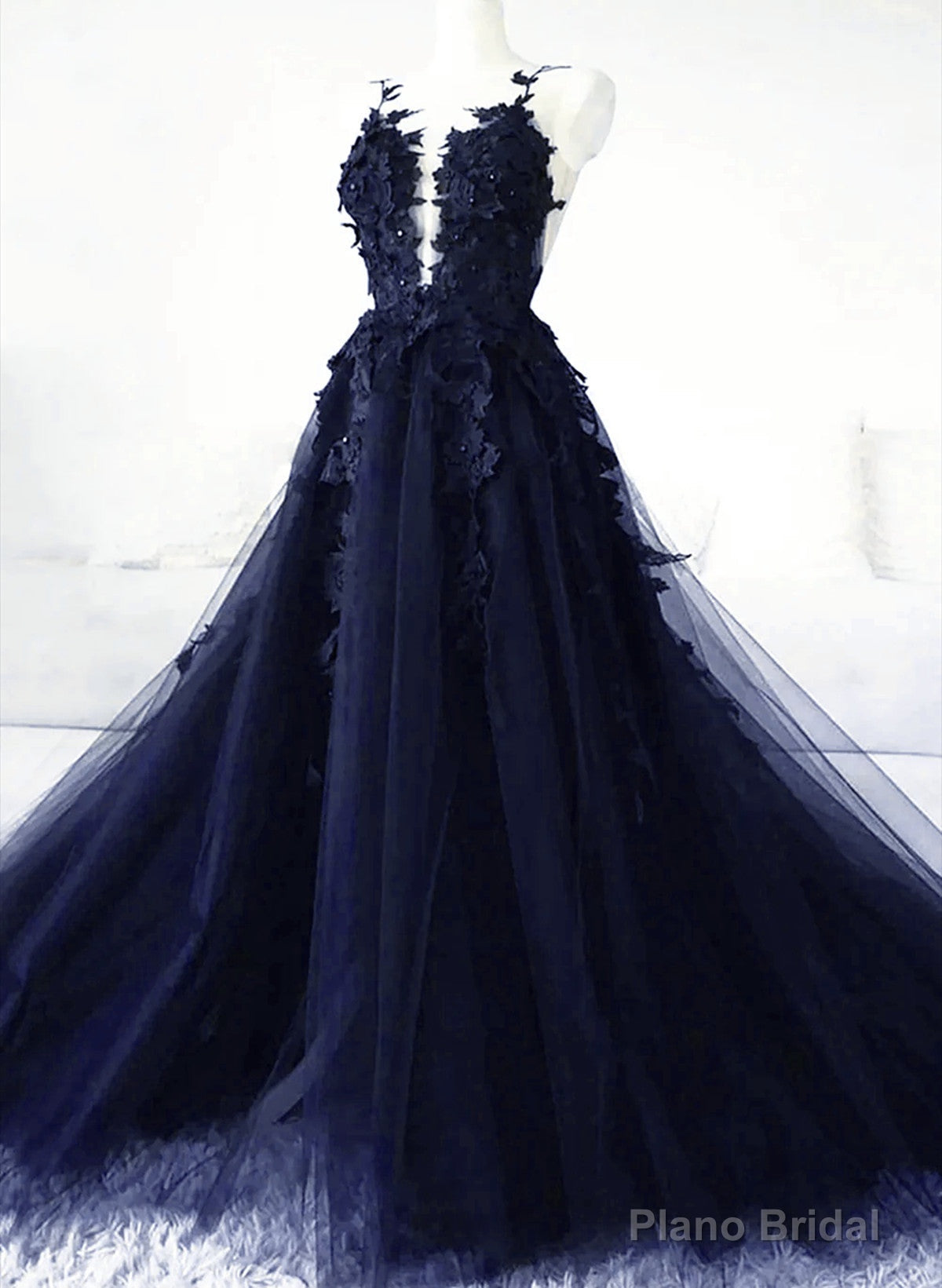Navy Blue Tulle With Lace Applique Party Dress, Navy Blue Tulle Prom Dress Main image